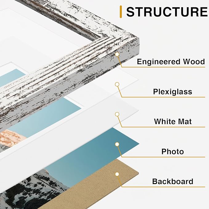 Vittanly 12 Pack Picture Frames Collage Wall Decor for Mounting or Tabletop Display, Multi Sizes Including 4pcs 8x10, 4pcs 5x7, 4pcs 4x6, Black, Brown and Distressed White