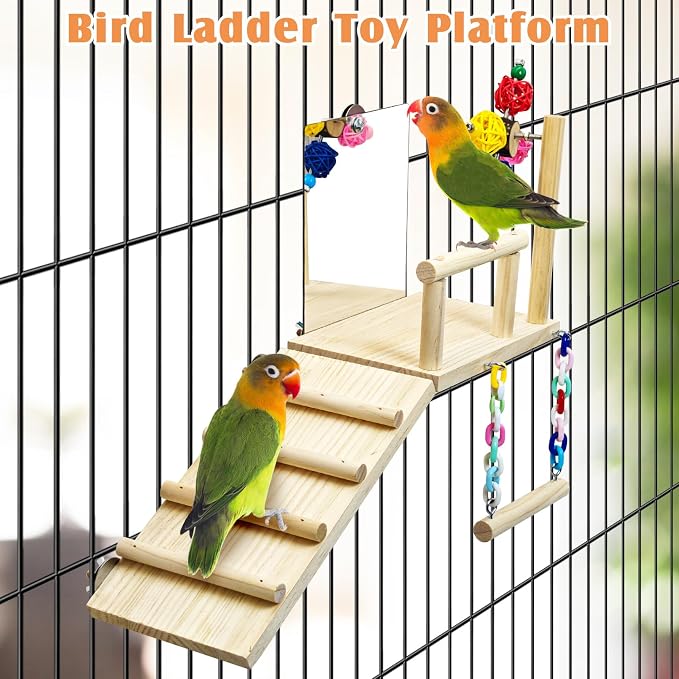 BNOSDM Bird Perch Platform with Mirror, Wooden Climbing Ladder for Parakeet, Small Bird Swing Toys with Rotating Balls Parrot Cage Accessories Budgie Playground for Cockatiel, Lovebirds, Conures