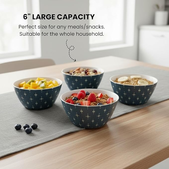 Bamboo Bowl Set of 4 – 6 Inch 20 oz Durable Deep Cereal and Snack Dishware for Kids and Toddlers – BPA Free, Dishwasher Safe, Lightweight Alternative to Plastic or Ceramic (Emerald Design)