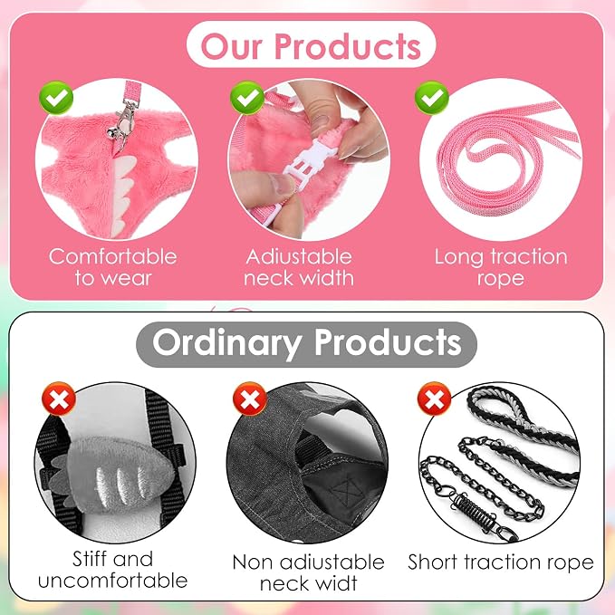 Ferret Harness and Leash Set Small Animals Vest Harness with Safe Bell Dinosaur Shaped Leash Set for Baby Rabbit Guinea Pig Teacup Chihuahua Mouse and Other Small Pet (Pink)