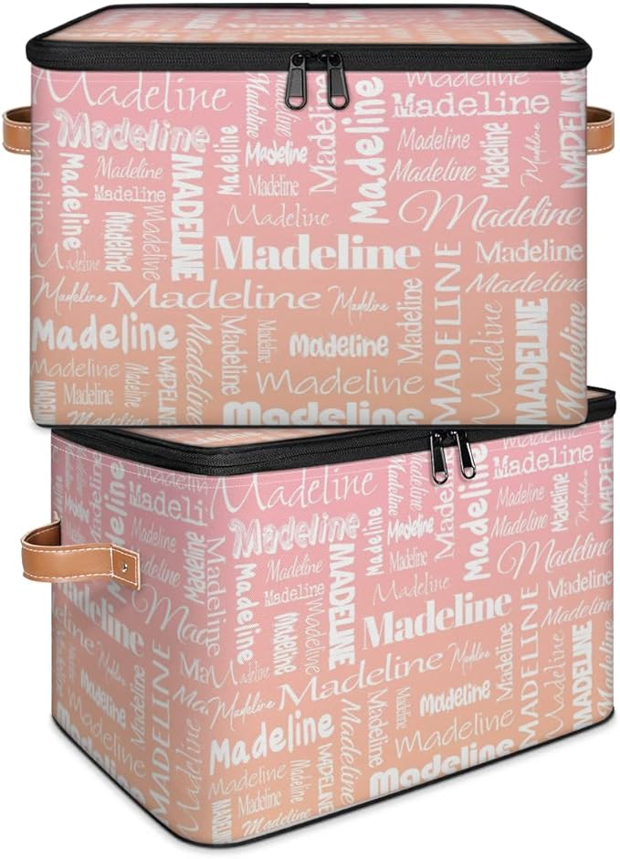 Custom Storage Basket with Name, Personalized Keepsake Box with Zipper Lid, Foldable Fabric Memory Bin Large capacity with Handle Pink Orange