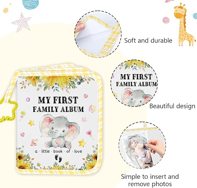 Baby Photo Album, My First Family Soft Photo Album For Baby, Elephant Babies Cloth Photo Book Memory Keepsake Shower, First Year Babies Gift Pictures Holds for Newborn Toddler Kids 5.5x7inches