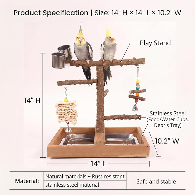 Natural Wood Bird Playground Stand,Bird Perch，Cockatiel Playground | Natural wooden bird stand, playground for small medium birds, feed cups, chew toys and practical removable tray