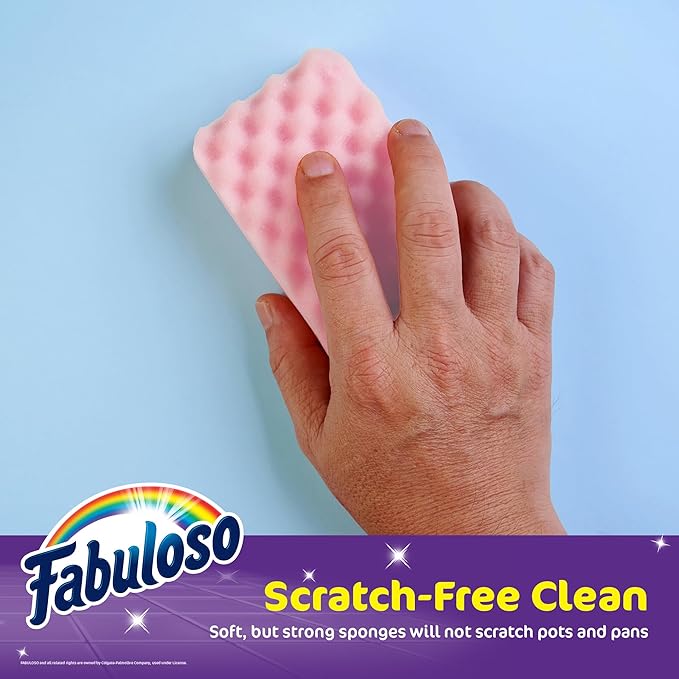 Fabuloso Scratch-Free Kitchen Dish Sponges, Purple Cellulose Scrubber Sponge with Scouring Pad for Dishes, Pots, Pans, Counters and Sinks, Tough on Messes, 4.25 x 2.75 x 1.25 in, 4 Count