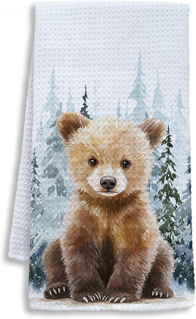 Winter Christmas Bear Kitchen Towels, Bear Lover Gifts Dish Tea Towels for Kitchen, Winter Pine Tree Forest Decorative Hand Towel for Kids Bathroom Decor, 16x24 Inch
