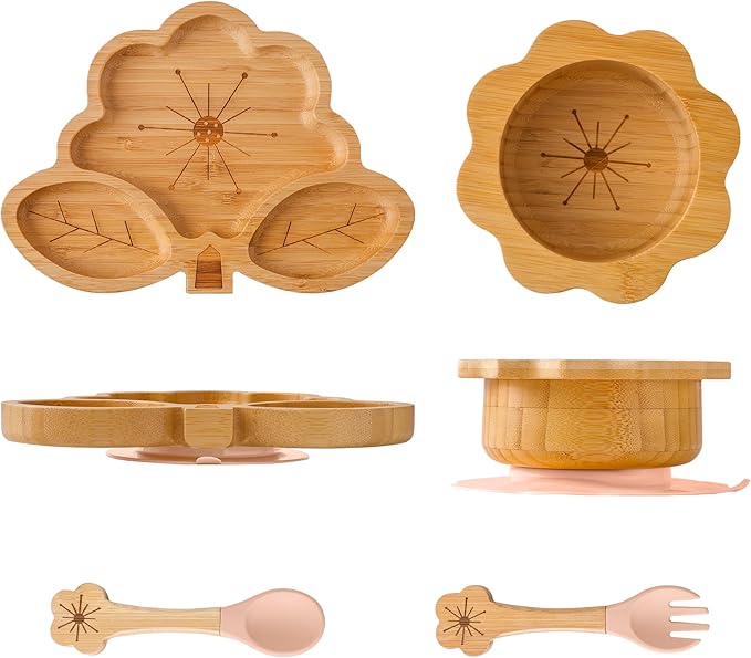 Bamboo Suction Plates Bowls Set for Baby Toddler - Includes Bamboo Bowl, Divided Plate, Silicone Fork & Spoon, All-Natural Baby Feeding Set for Baby-Led Weaning