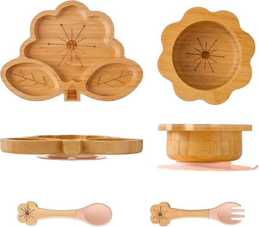 Bamboo Suction Plates Bowls Set for Baby Toddler - Includes Bamboo Bowl, Divided Plate, Silicone Fork & Spoon, All-Natural Baby Feeding Set for Baby-Led Weaning