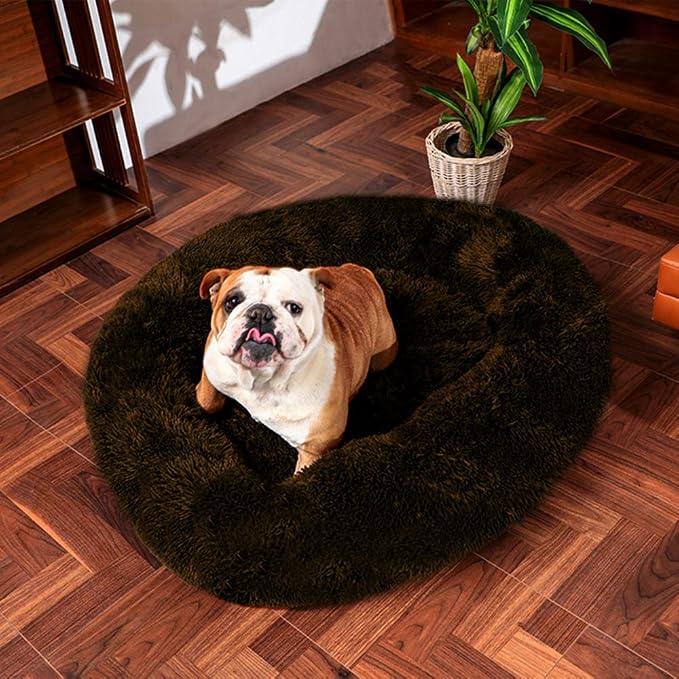 Plush Calming Donut Dog Bed for Small to Medium Dogs, 28 Inch Round Pet Bed | Soft Faux Fur Puppy Bed with Raised Rim for Curling and Head Support; Washable Round Pet Bed for Small to Medium Dogs or Cats