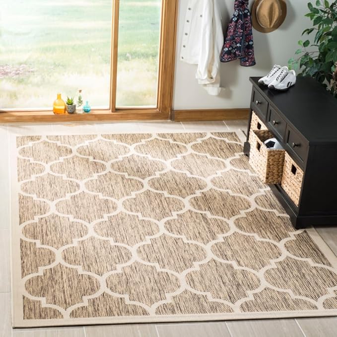 SAFAVIEH Washable Rug Outdoor Courtyard Collection - 4' x 5'7", Brown & Bone, Non-Shedding & Easy Cleaning, Ideal for Patio, Backyard, Mudroom (CY6914-242)