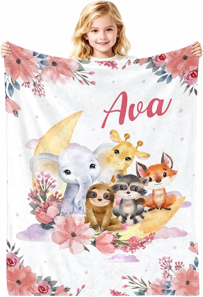Personalized Baby Blanket with Name, Customized Soft Animals Flannel Blankets for Newborn Boys Girls and Toddlers, for New Mom, Infant Birthday Gift, Moon Zoo