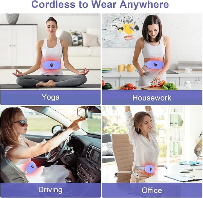 Portable Heating Pad for Period Cramps: Cordless Menstrual Heating Pad with 3 Heat Levels and 3 Massage Modes, 3s Fast Heating for Women and Girl Purple