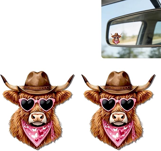 2Pack Highland Cow Car Vinyl Sticker and Decal for Rear View Mirror | Cute Highland Cow Mirror Sticker Waterproof,Car Accessories Decor,Cow Gifts for Women Men,Laptop Bathroom Mirror