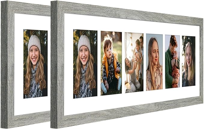 8x26 Collage frame with 6 Openings 4X6 Pictures, Multiple Picture Frame with Mat, Wall or Tabletop Decor, Grey Wood Grain,2 Pack