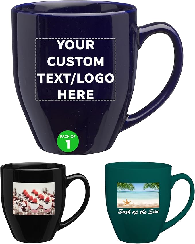 Custom Large Coffee Cups 16 oz. Set of 1, Personalized Bulk Pack - Perfect for Tea, Espresso, Cappuccino, Hot Cocoa - Blue