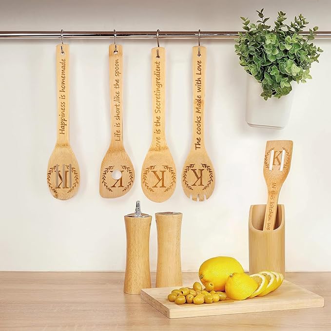 5PCS Initial Wooden Cooking Spoons Initial Letter Kitchen Decor Gifts Personalized Monogrammed Birthday Gifts for Women Mom Friend Housewarming Wedding Bamboo Cooking Spoons