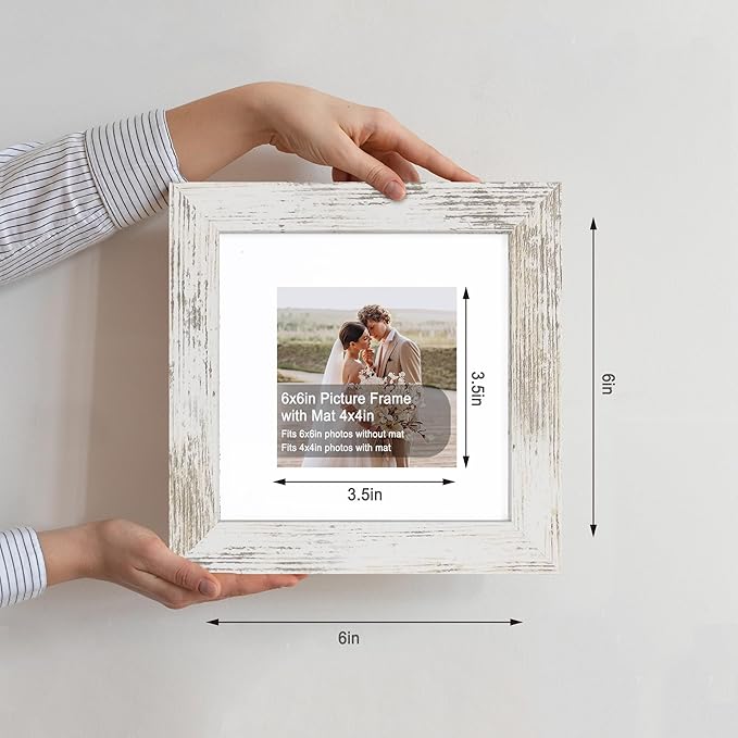 6x6 Picture Frame Set of 4, Made of Glass and Distressed White Wooden Frame - Display Picture 4x4 with Mat or 6 x 6 Without Mat, 6x6 Photo for Wall or Tabletop