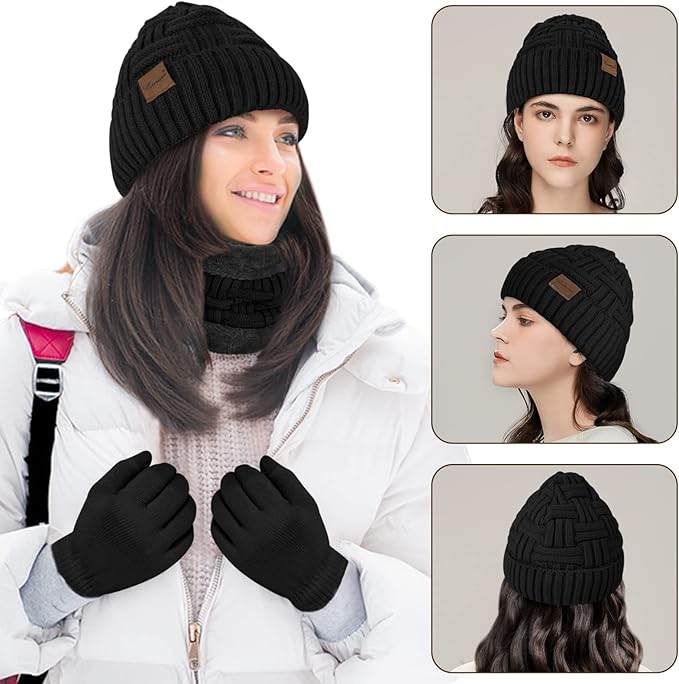 Loritta 3-Pieces Winter Hat Neck Warmer Touchscreen Gloves Set Knit Thick Scarf Beanie Hats Scarves Set Gifts for Women