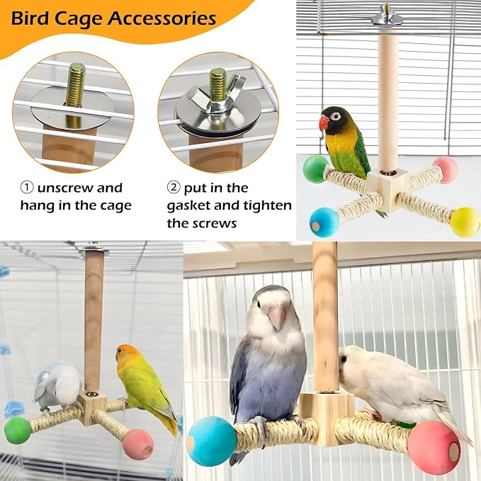 Bird Perch Toy, Kiln-Dried Wood Interactive 360° Spinning Cage Toy(S) | Exercise Wheel Parrot Toy, Enrichment Cockatiel Toy for Bird Cage, Bird Cage Accessories Perch Toy for Budgies Lovebirds