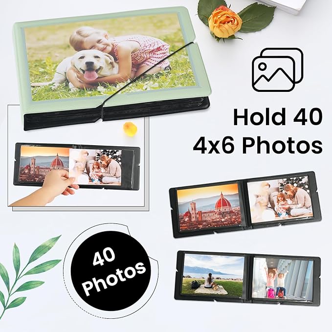Lifting Small Photo Album 4x6 Holds 40 Photos with Customizable Cover，Mini Leather Picture Album Book for Wedding，Family，Baby Memories (Green)