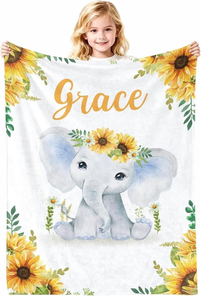 Baby Blankets with Name Sunflower Elephant, Customized Blankets for Newborn Baby, for Boys & Girls, 30"x40"