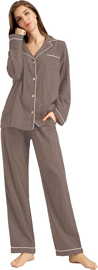 Womens Pajama Sets 100% Double Gauze Cotton Linen Like Muslin Pajamas Long Sleeve Button Down Sleepwear Soft Pjs Lounge Set