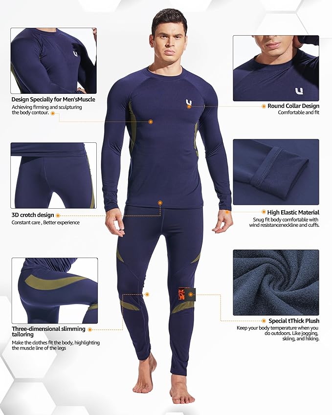 UNIQUEBELLA Men's Thermal Underwear Sets Top & Long Johns Fleece Sweat Quick Drying Thermo Base Layer