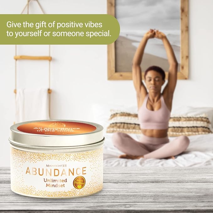 MAGNIFICENT 101 Abundance Manifestation Smudge Candle - 6 Oz Soy Wax - 35-Hour Burn - Infused with Lemon, Rosemary & Sandalwood - Money Candle for Energy Cleansing