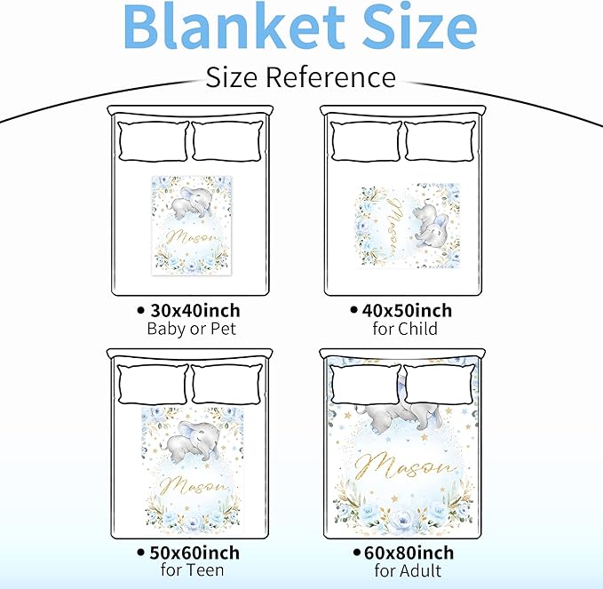 Personalized Elephant Blanket with Name for Boy, Custom Name Blanket for Kids, Soft Flannel Blue Elephant Toddler Blanket Customized Gift for Birthday Christmas Children Day 40x50inch