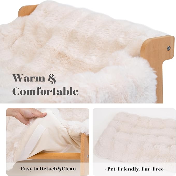 CHEERHOME PETS Elevated Cat Couch Bed Wooden Raised Kitty Sofa Lounge Chair | Washable Fluffy Cover Wooden Elevated Pet Furniture for Indoor Cats and Puppy(White)