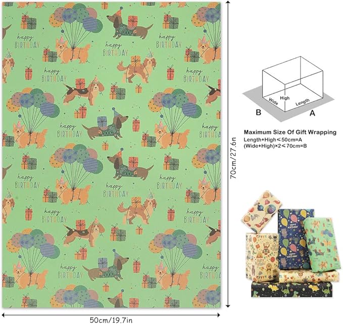 Geluode Birthday Wrapping Paper for Boys Kids Girls, Happy Animals Party Dinosaur Design Kraft Gift Wrap Paper, Happy Birthday Wrapping Paper 6 Sheets Folded Flat 20x28 inches per Sheet