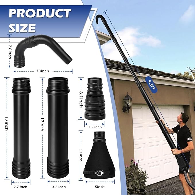 Buzzlett Upgraded Universal Gutter Cleaning Tools for Leaf Blowers, Compatible with Leaf Blower Brands EGO Power+, Worx, Black+ Decker, SUNCHERS, HEINPRO, RYAHT, DEWALT, etc. Extends Up to 11FT