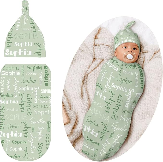 Newborn Swaddle Blankets Hat Name Lettering Green Sets Soft Baby Receiving Blanket Swaddle Sack for Baby Shower Infant Boy Girl Gift