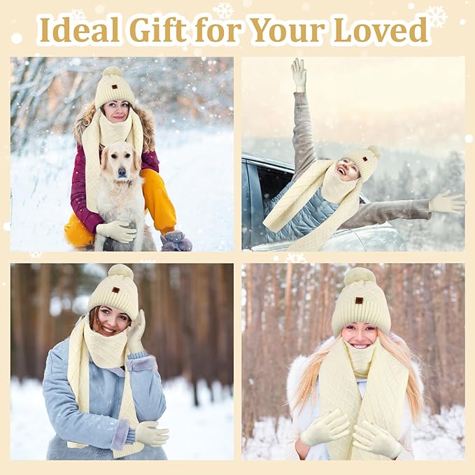 YARIEW Winter Hat Scarf and Gloves Set for Women, Warm Knitted Beanie with Pom Pom, Soft Ear Warmer Scarf, Warm Gloves