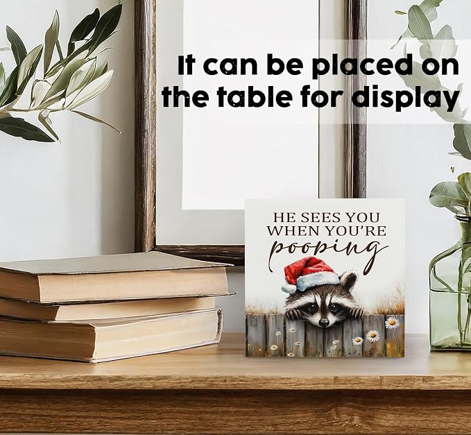 Christmas Raccoon Home Bathroom Decor Sign - Farmhouse Western Christmas Animal Bathroom Decor,Rustic Farm Animal He Sees You When You're Pooping Signs,Raccoon Gifts for Women