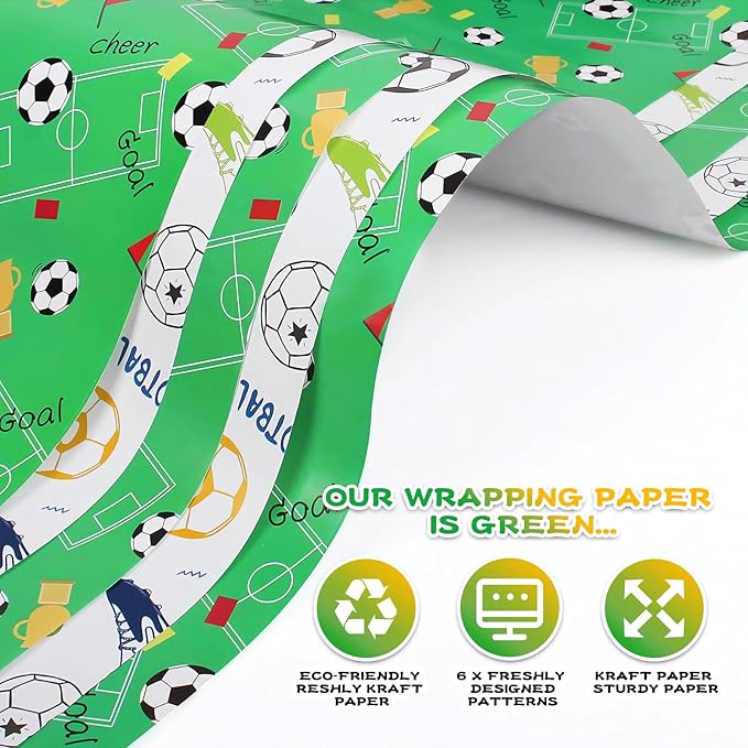 Ribbion Wrapping Paper Football Sheets with Sport Soccer Green White Mixed Design, Gift Wrap Set for Present, 6 Sheets, 28"Lx20"W per Sheet