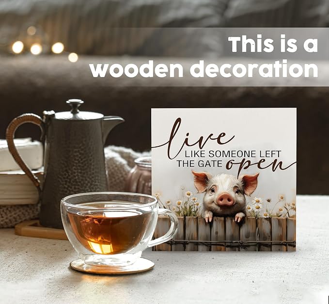 Pig Signs - Farm Cottagecore Animal Office Kitchen Bedroom Decor,Rustic Farmhouse Live like Someone Left the Gate Open Home Decor Wooden Signs,Pig Gifts for Women,8x8