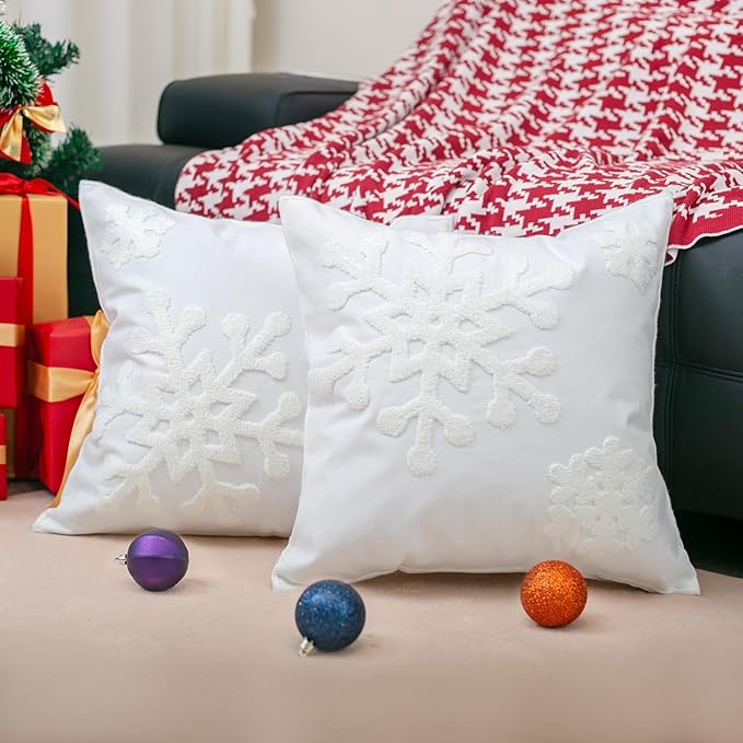 Elife 18x18 Soft Canvas Christmas Winter Snowflake Style Cotton Linen Embroidery Throw Pillows Covers w/Invisible Zipper for Bed Sofa Cushion Pillowcases for Kids Bedding (1 Pair, White)