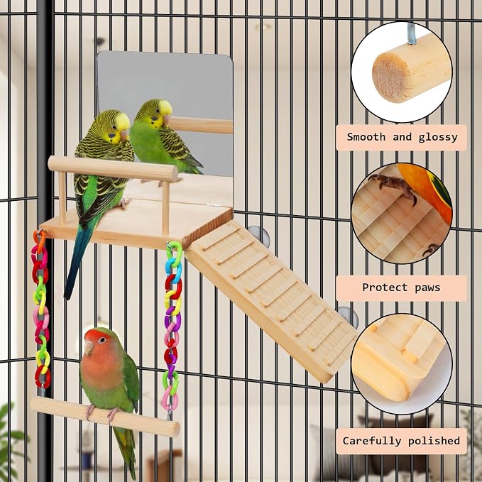 Bird Perches Swing Platform with Bird Mirror Birds Ladder Toys | Climbing Ladder Cage Accessories for Cocktail, Budgie, Lovebirds, Parrotlets Play Gym Exercise Stand (with Mirror)