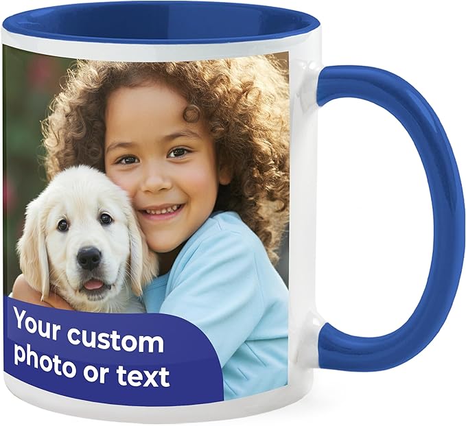 Personalized Mug, Custom Ceramic Mug with Photo and Text, 11oz, Pack of 100, Glossy Coffee Cup, Perfect for Christmas, Secret Santa or as Holiday Gift for Family or Friends, White/Blue