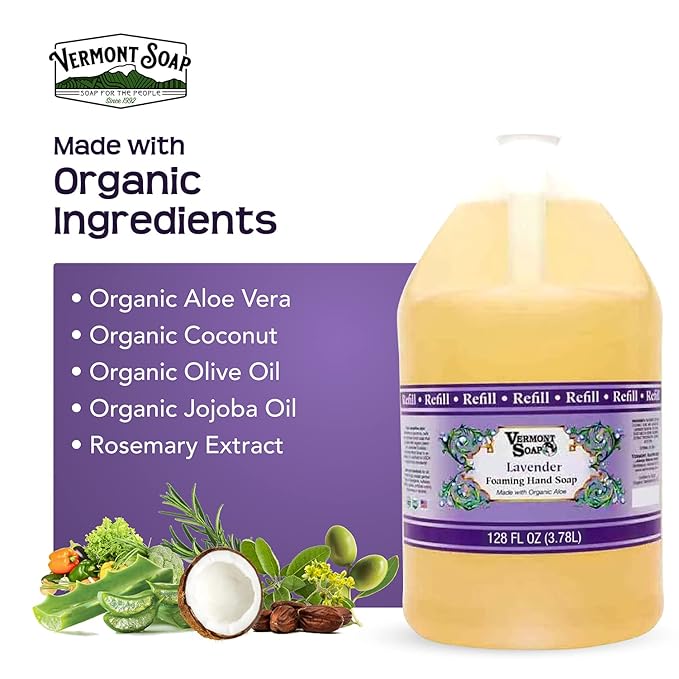 VERMONT SOAP Organics Foaming Hand Soap, Liquid Soap with Pre-diluted Formula - Ready to Use Hand Soap Lavender With Convenient and Economical Gallon Refill