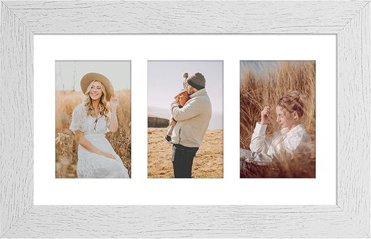 8x14 Picture Frame Display 3 opening 4X6 Picture Frame Collage,Multi Photo Frame with Mat,Plexiglass,Wall Hanging Decor,Distressed White Wood Grain