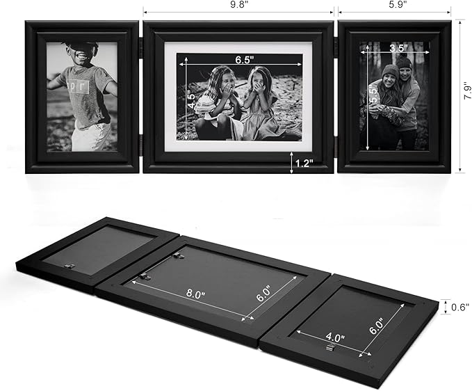 3 Vertical Horizontal 4X6 and 5X7 Picture Frames Hinged Wood Folding Photo Frames with Real Glass Front Fit for Desktop or Tabletop, Black XHEI-V46H75V46