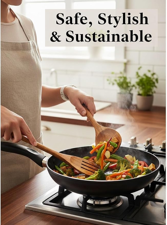 100% Natural Teak Wood Wooden Utensil Set – 8 Pcs Durable Kitchen Spoons for Cooking – Non-Stick & Heat Resistant, Eco-Friendly & Comfortable Grip