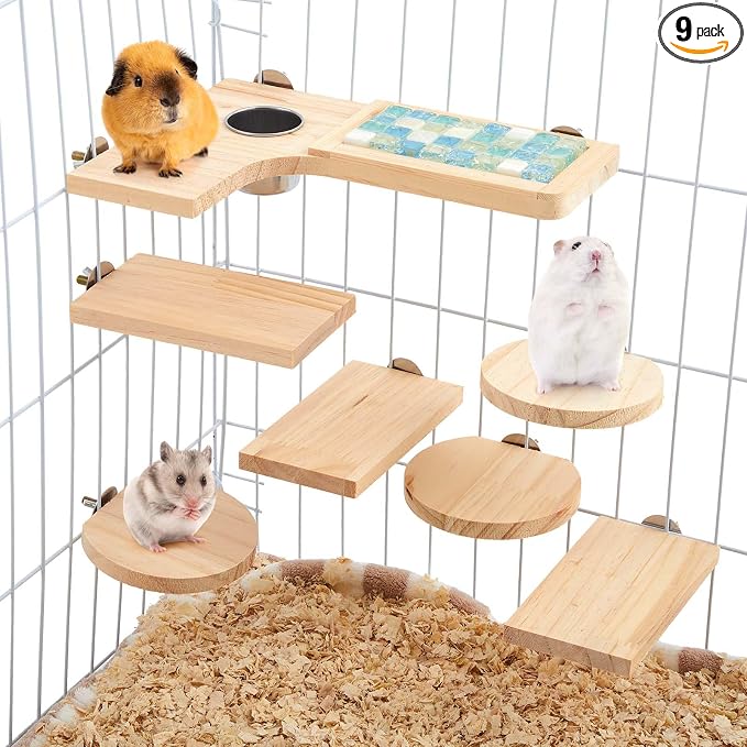 DoubleFill Set of 9 Wooden Hamster Cage Platform Chinchilla Ledges and L Shaped Round Hole Rat Cage Accessories with Cooling Standing Board Food Cup for Squirrel Gerbil Guinea Pig Small Animal