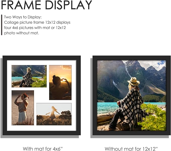12x12 Picture Frame, 4x6 Collage Picture Frame, Displays Four 4x6 inch Photos, or 12x12 (Without Mat) Available for Wall Mount or Table Top Horizontal and Vertical Display, Black.