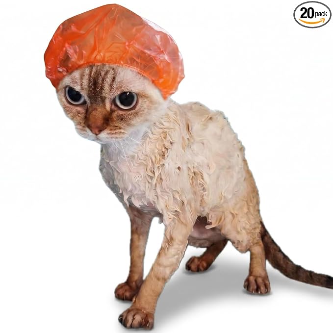 Shower Caps for Sphynx Cats & Small Pets, Red 20-Pack Poly Bag - Waterproof Bath Protection with Elastic Band, Keeps Ears Dry During Grooming