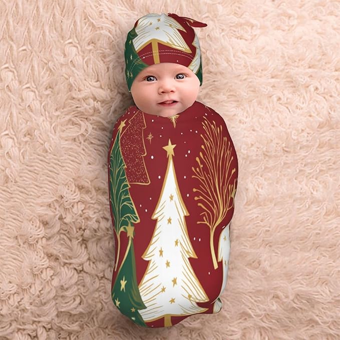 Christmas Baby Swaddle Blanket and Hat Set for Newborn Boys Girls Soft Infant Wrap Sleep 0-6 Months Christmas Tree-6