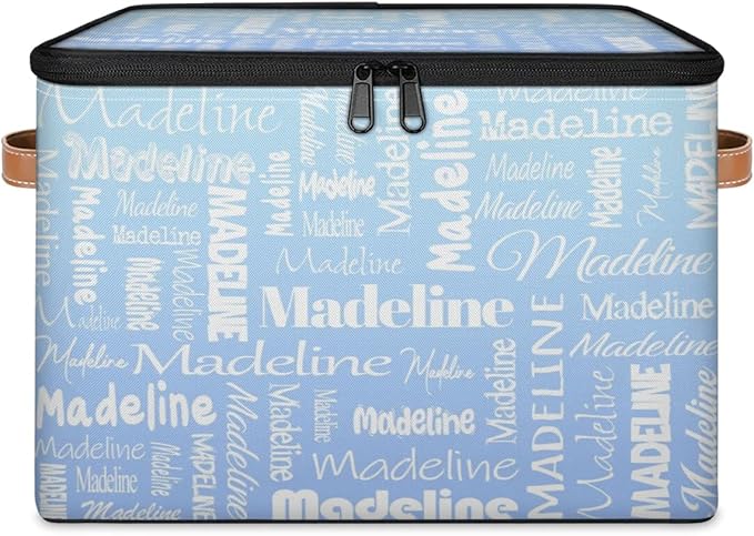 Custom Storage Basket with Name, Personalized Keepsake Box with Zipper Lid, Foldable Fabric Memory Bin Large capacity with Handle White Blue