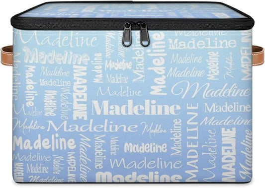 Custom Storage Basket with Name, Personalized Keepsake Box with Zipper Lid, Foldable Fabric Memory Bin Large capacity with Handle White Blue