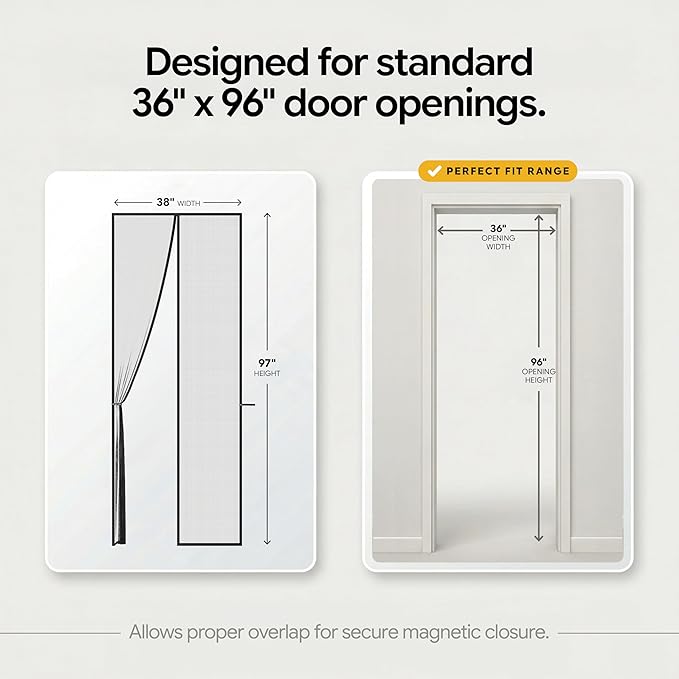 AUGO Heavy Duty Magnetic Screen Door Mesh– Premium Reinforced Fiberglass Mesh, Pet & Kid Friendly, Tear Resistant Hands-Free Self Sealing Closure, Keep Open Feature – 38" x 97"